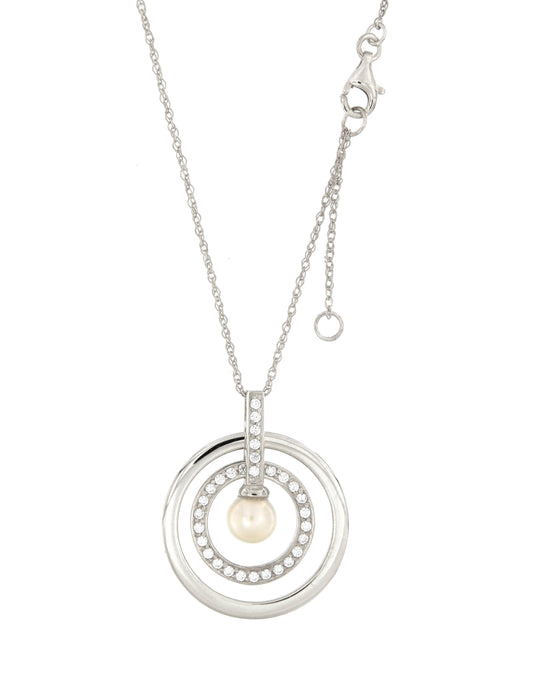 Collier femme argent rhodié double anneau perle zirconia