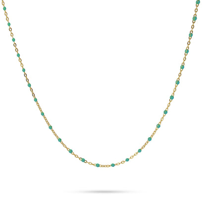 Collier femme acier doré perles émail turquoise 40+5 cm