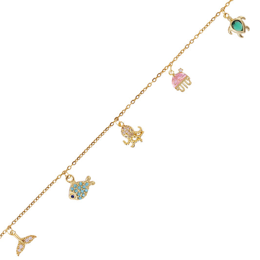 Bracelet femme acier doré zirconia animaux marins colorés
