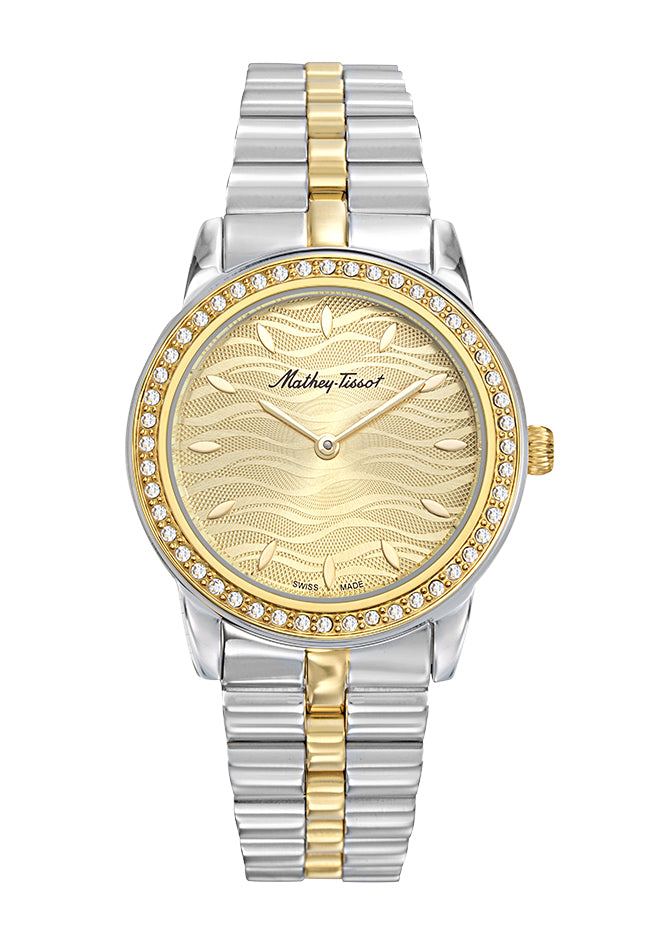 Montre femme acier bicolore cadran doré pierres synthétiques