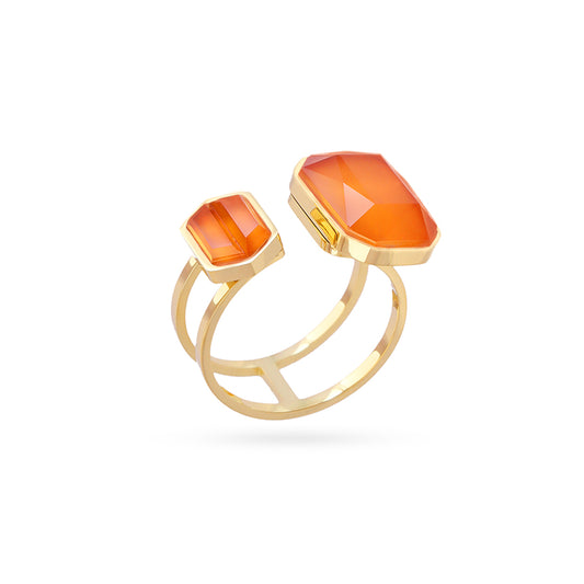 Bague femme acier doré pierres synthétiques orange ajustable