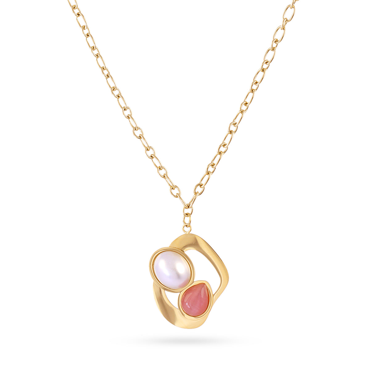 Collier femme acier doré nacre et pierre synthétique rose