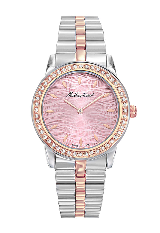 Montre femme acier bicolore cadran rose cristaux Swiss Made