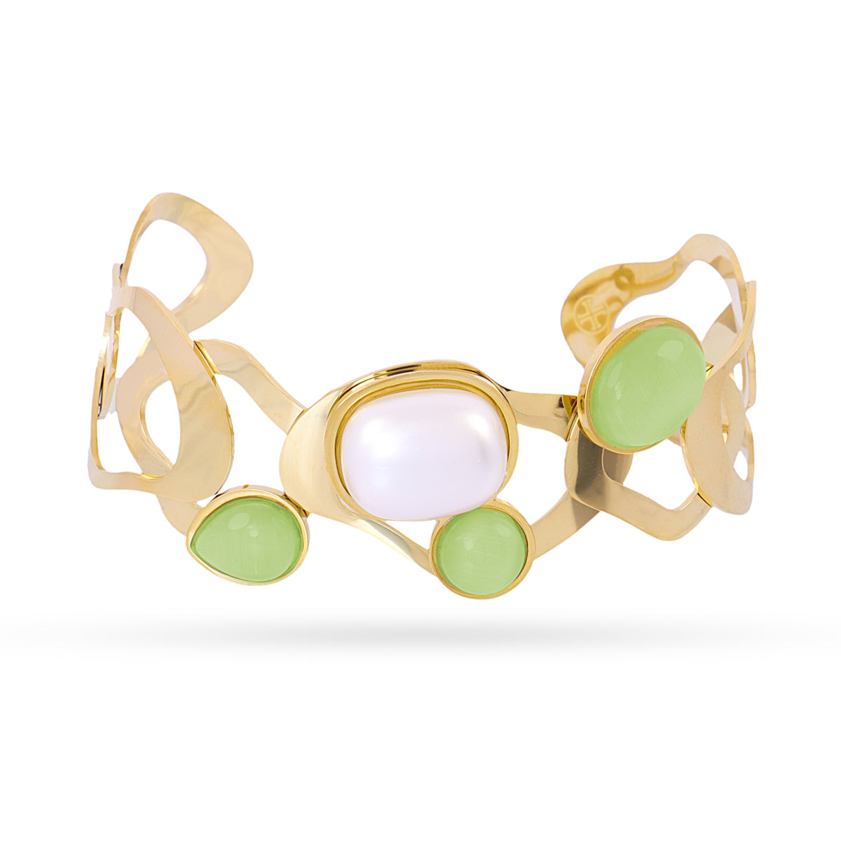 Bracelet femme acier doré perle et pierres synthétiques vertes