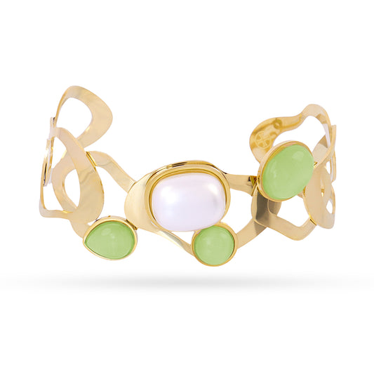 Bracelet femme acier doré perle et pierres synthétiques vertes