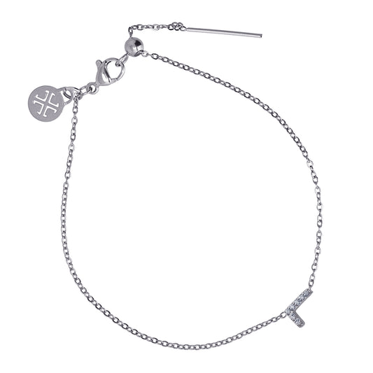 Bracelet femme acier lettre L zirconia argent 19 cm