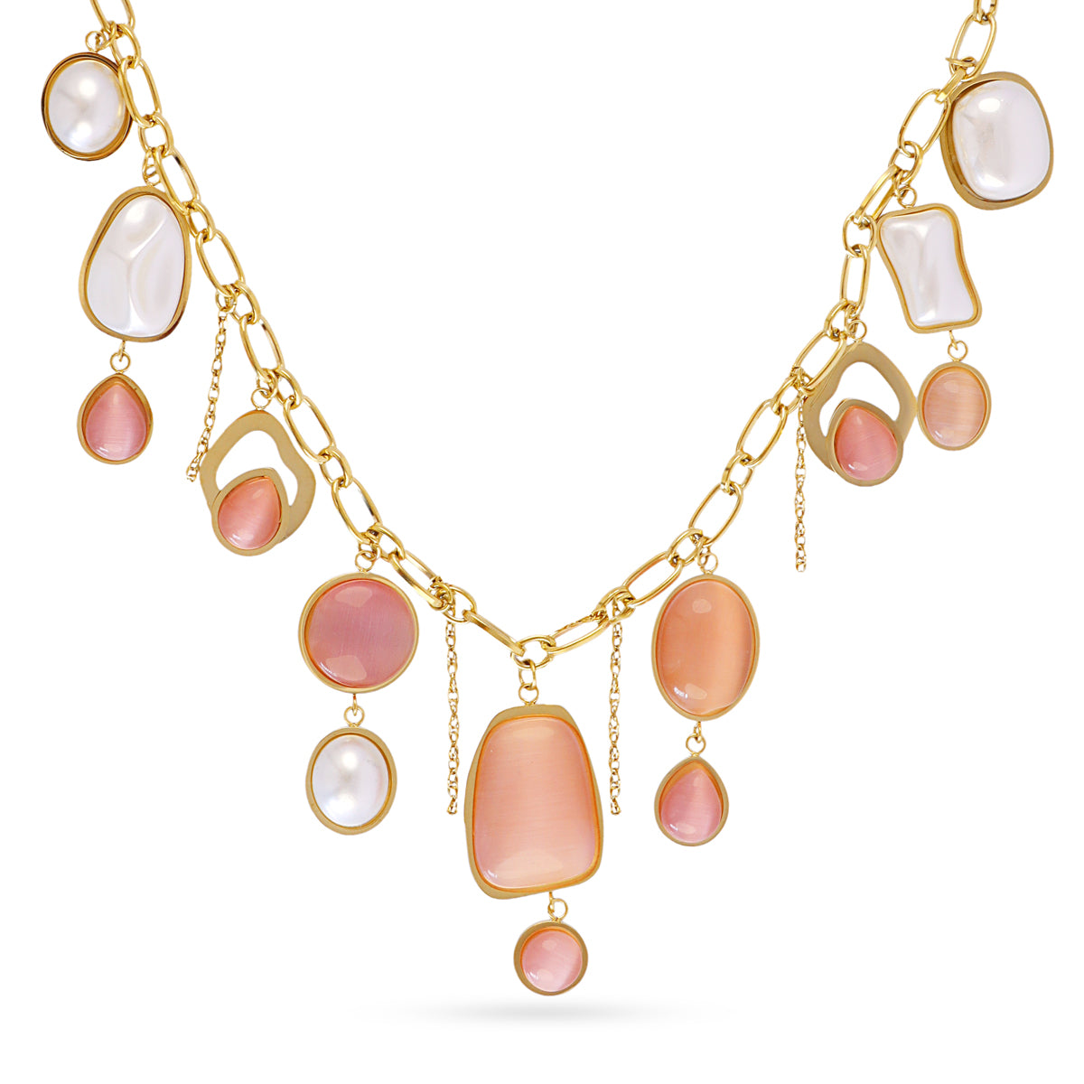 Collier femme acier doré pierres synthétiques roses 47 cm