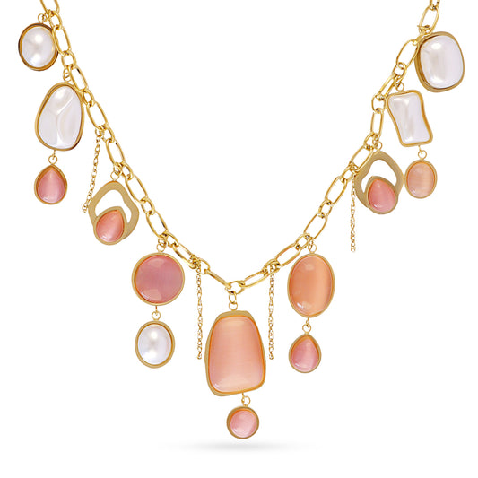 Collier femme acier doré pierres synthétiques roses 47 cm