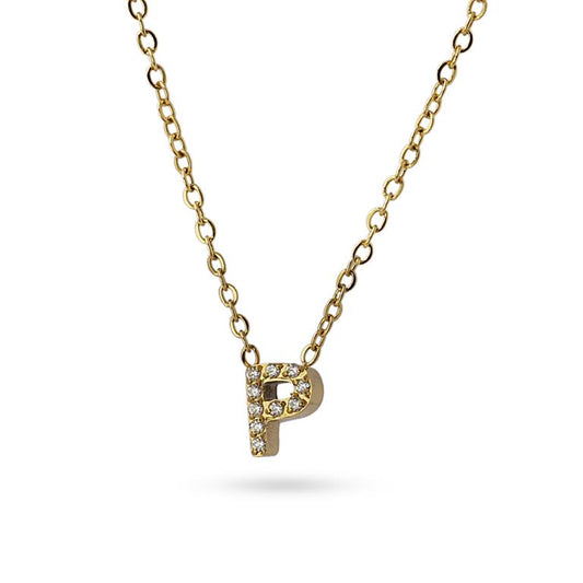Collier femme acier jaune lettre P zirconia 38 cm