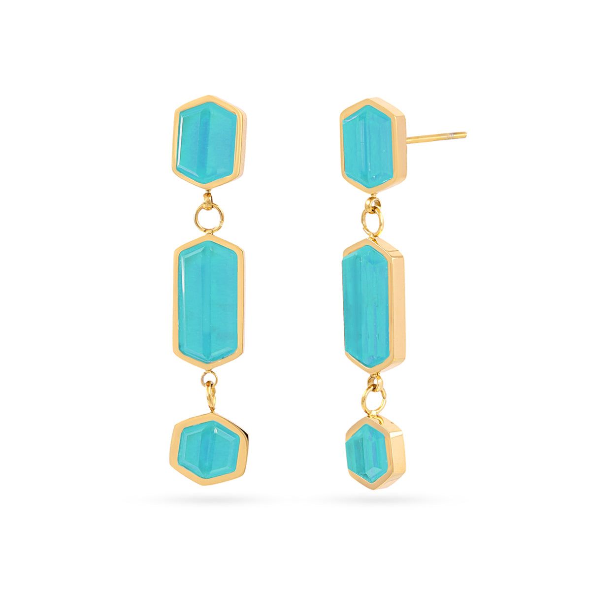 Boucles d'oreilles pendantes femme acier doré pierre turquoise