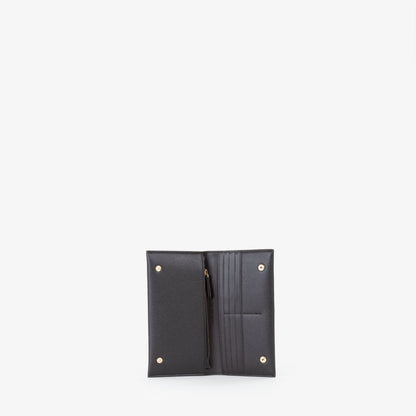 Portefeuille femme cuir grainé noir logo doré élégant