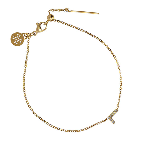 Bracelet femme acier doré initiale L zirconia ajustable