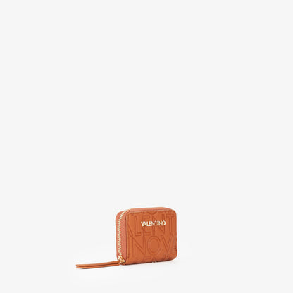 Portemonnaie femme zippé cuir grainé motif logo cognac