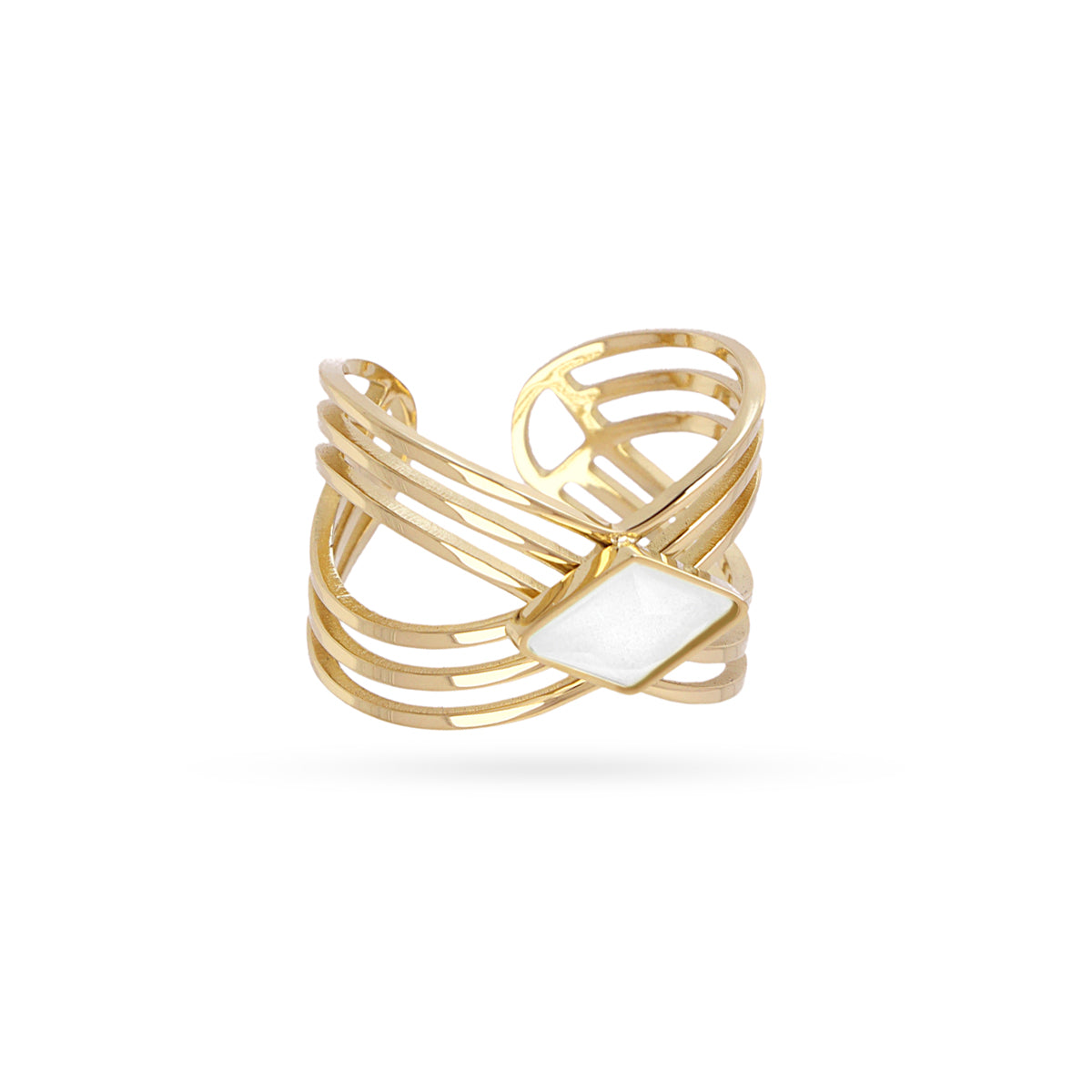 BAGUE - ACIER DORE - PIERRES SYNTHETIQUES BLANCHE