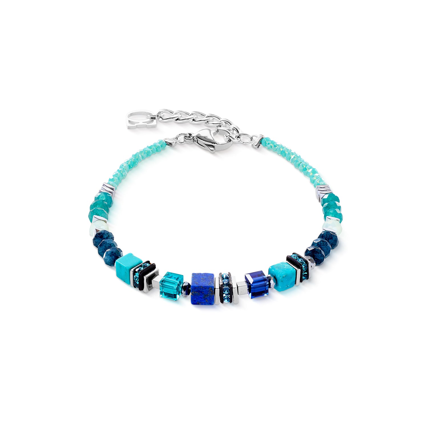 Lapis-lazuli, turquoise, jade teinté, hématite avec finition à l'oxyde de titane, rondelles de strass, verre taillé