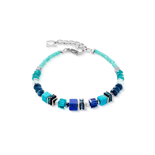 Lapis-lazuli, turquoise, jade teinté, hématite avec finition à l'oxyde de titane, rondelles de strass, verre taillé