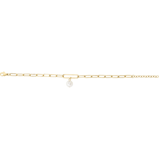 Bracelet femme acier doré maille rectangle perle blanche
