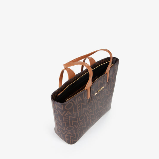 Sac cabas femme motif monogramme marron camel