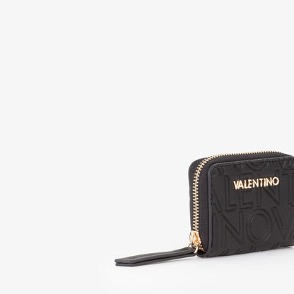 Portefeuille femme noir zippé motif logo embossé