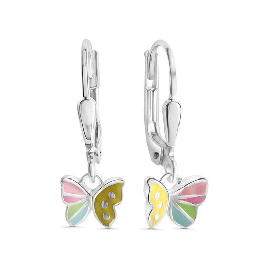 Boucles d'oreilles enfant argent rhodié papillon multicolore