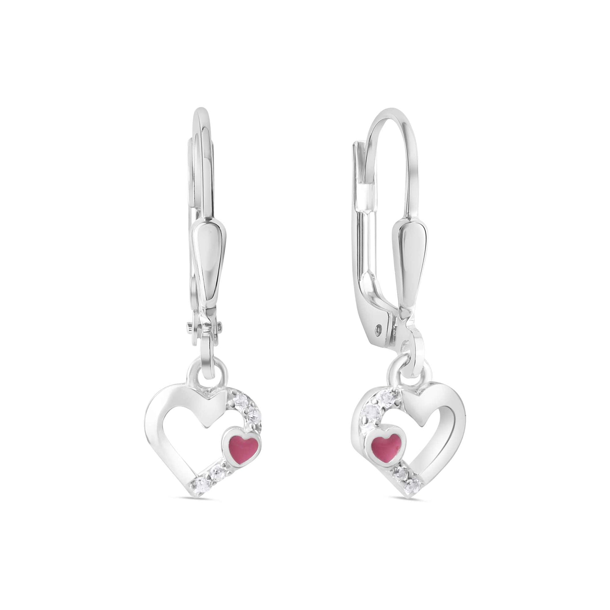 Boucles d'oreilles enfant argent 925 cœur zirconia laque rose