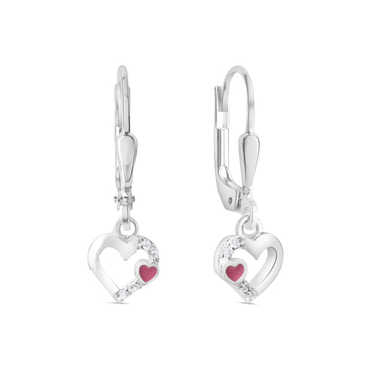 Boucles d'oreilles enfant argent 925 cœur zirconia laque rose