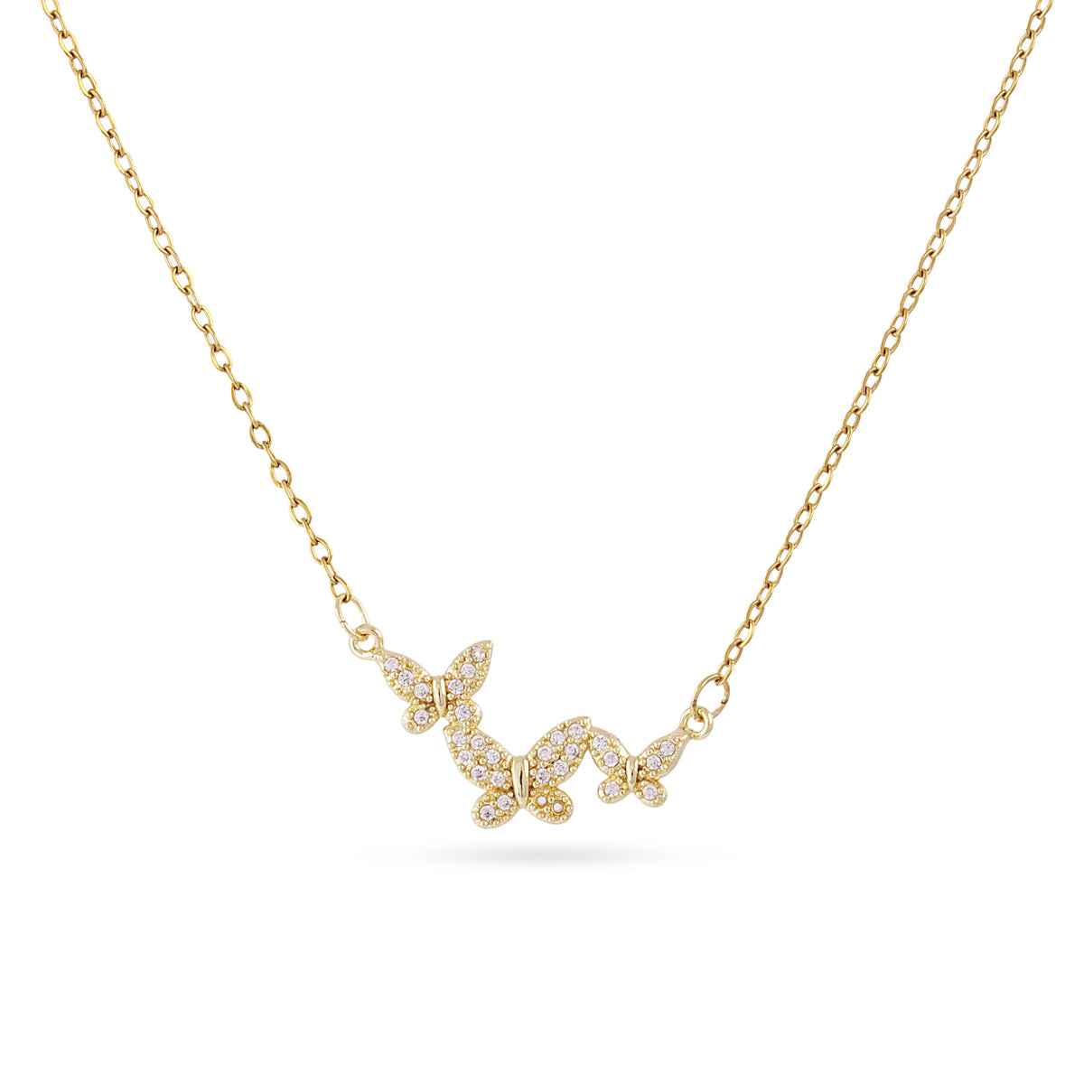 Collier femme acier doré trois papillons zirconia