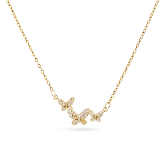 Collier femme acier doré trois papillons zirconia