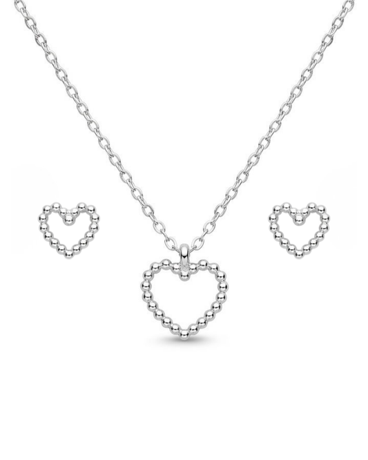 Parure argent rhodié femme collier boucles cœur perlé