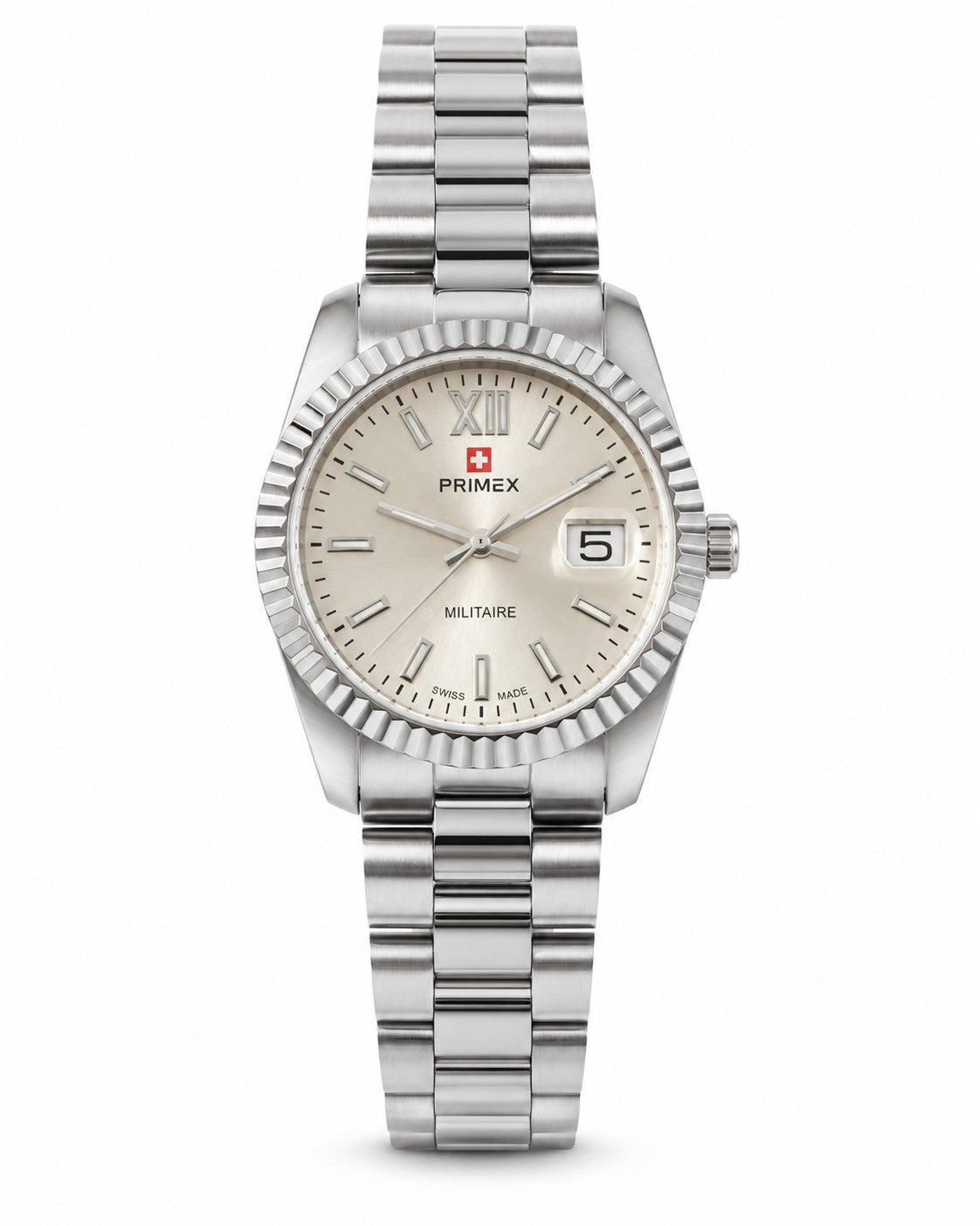 Montre femme Swiss Made acier argenté cadran nacré date