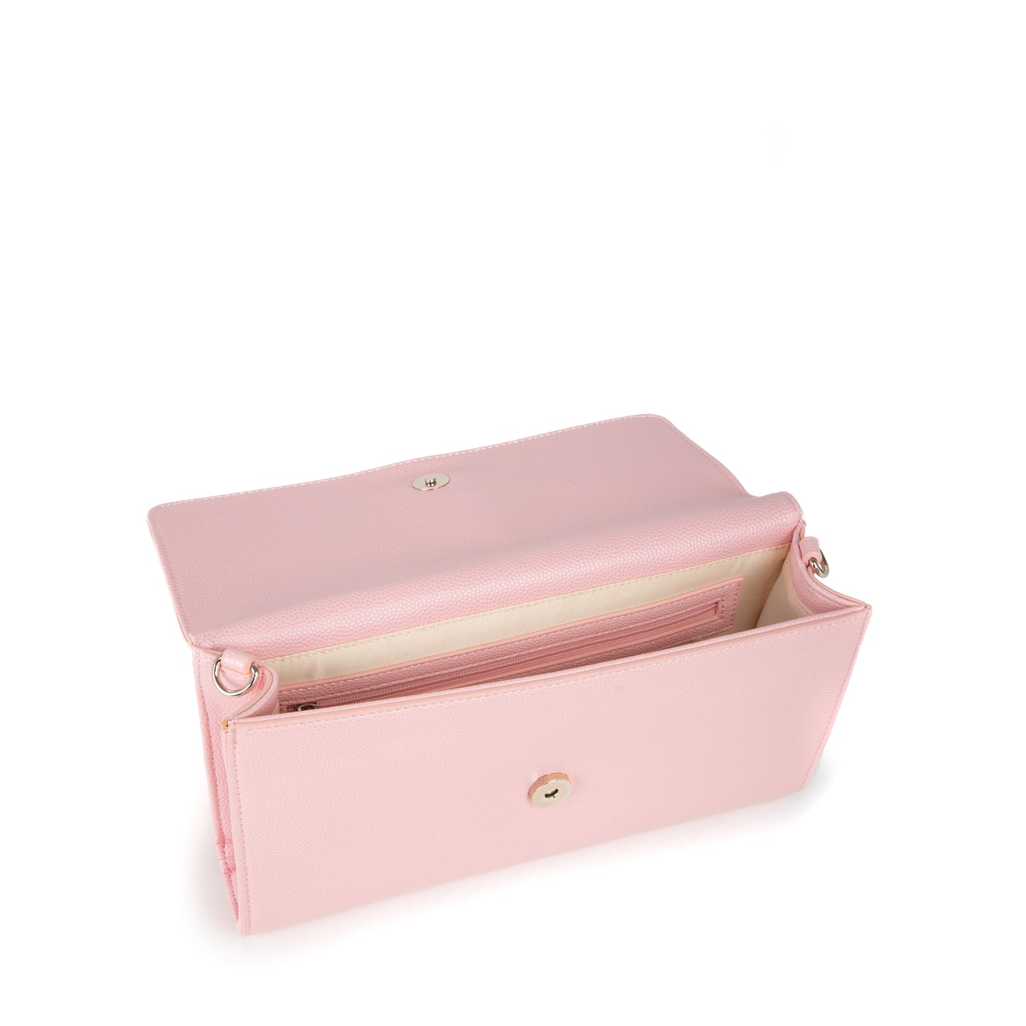 Pochette femme rose pâle à chaîne dorée et fermoir V