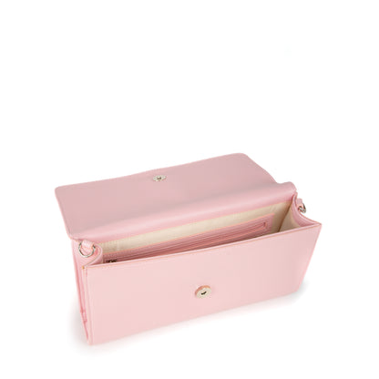 Pochette femme rose pâle à chaîne dorée et fermoir V