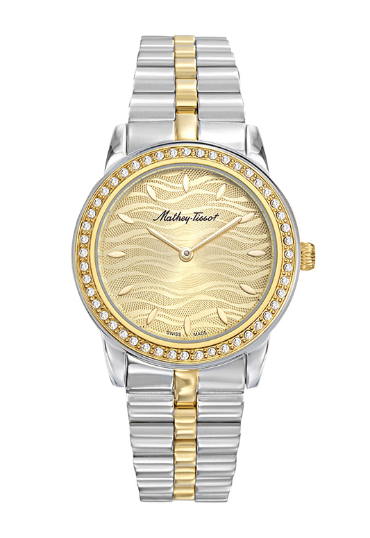 Montre femme acier bicolore cadran doré pierres synthétiques