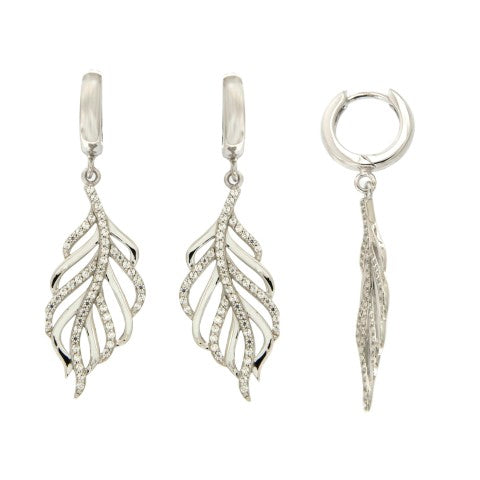 BOUCLES D'OREILLES ARGENT RHODIE - ZIRCONIA - FEUILLE