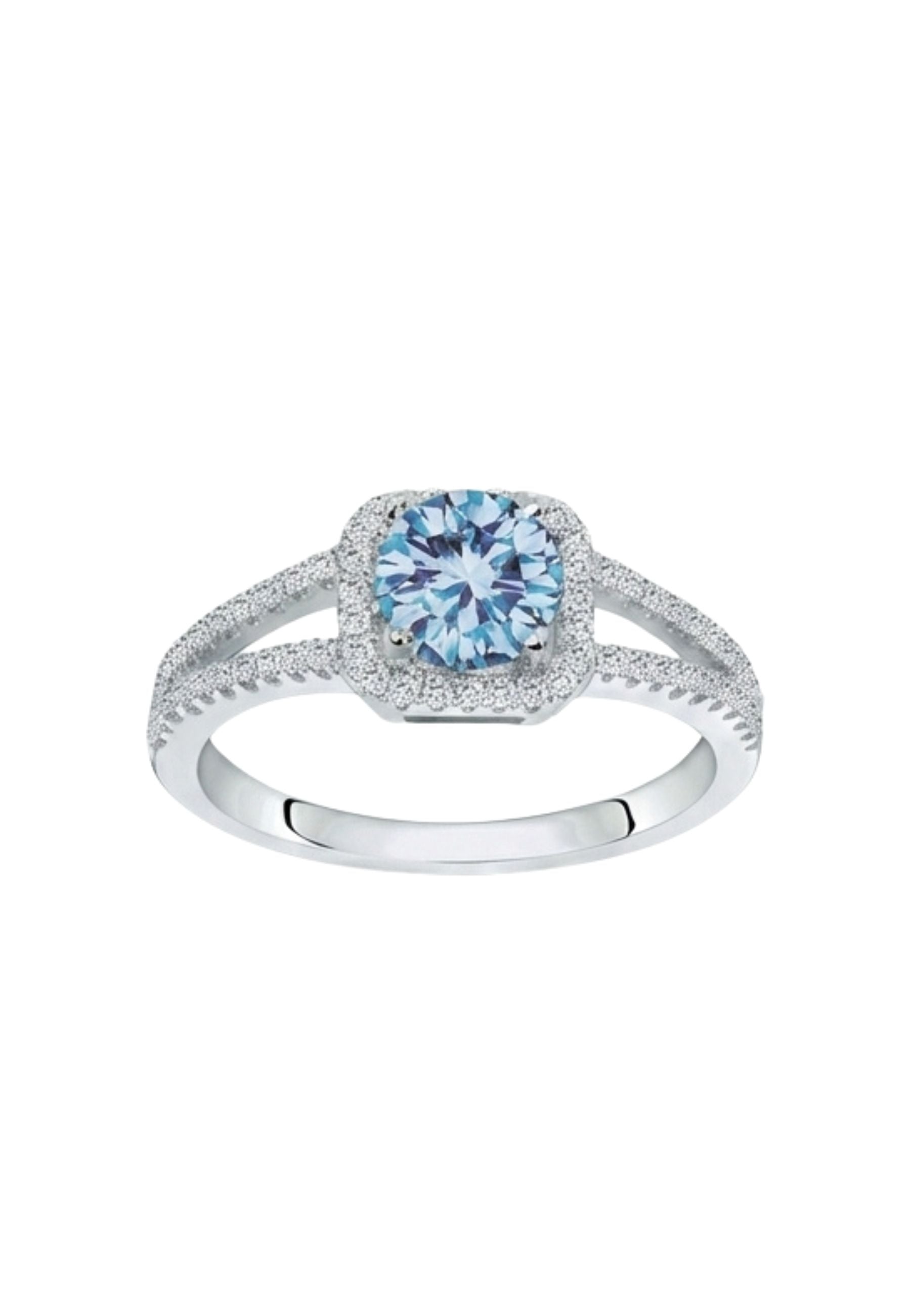 Bague femme argent 925 rhodié topaze bleue halo zirconia