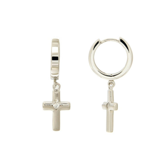 Créoles femme argent 925 rhodié pendentif croix zirconia
