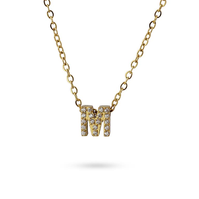 Collier femme acier jaune lettre M zirconia 38 cm