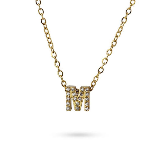 Collier femme acier jaune lettre M zirconia 38 cm