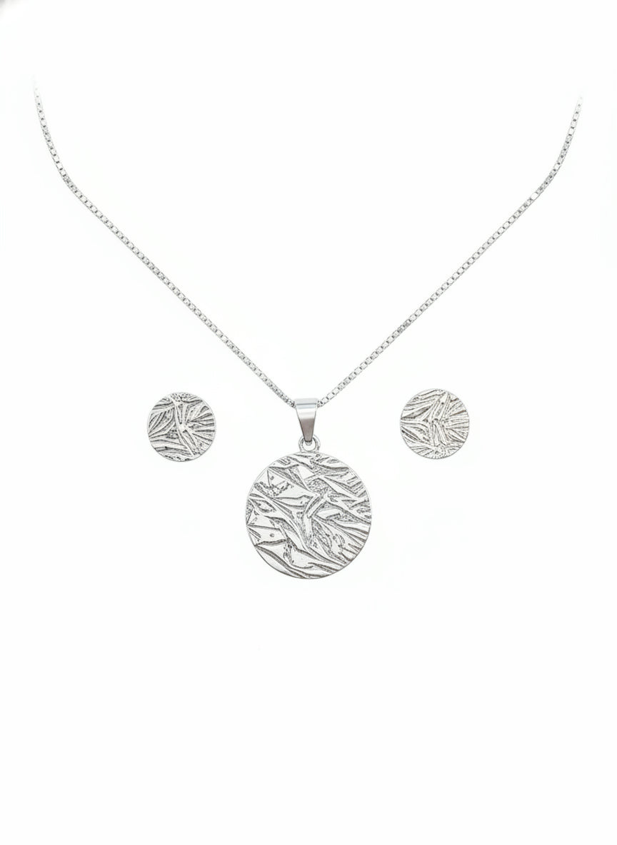 Parure femme argent rhodié pendentif rond texturé
