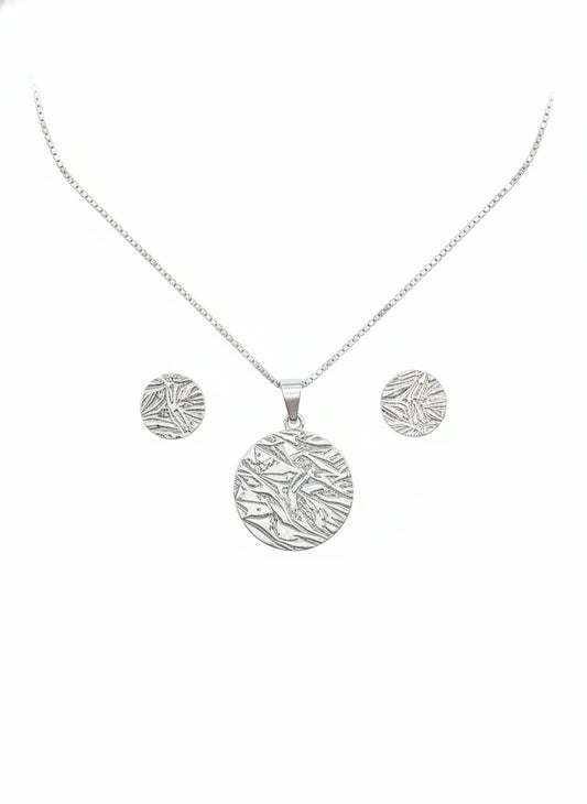 Parure femme argent rhodié pendentif rond texturé