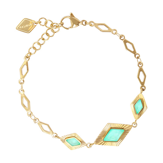 Bracelet femme acier doré losanges pierre synthétique verte