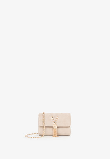 Sac bandoulière femme écru chaîne dorée pompon élégant
