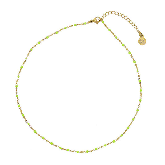 Collier femme acier doré perles émail vert fluo 40cm