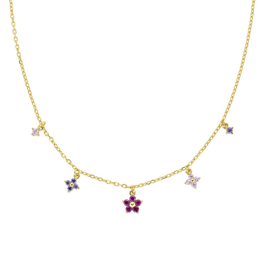 Collier femme argent doré fleurs zirkonia multicolores