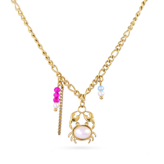 Collier femme acier doré pendentif crabe nacre et cristaux