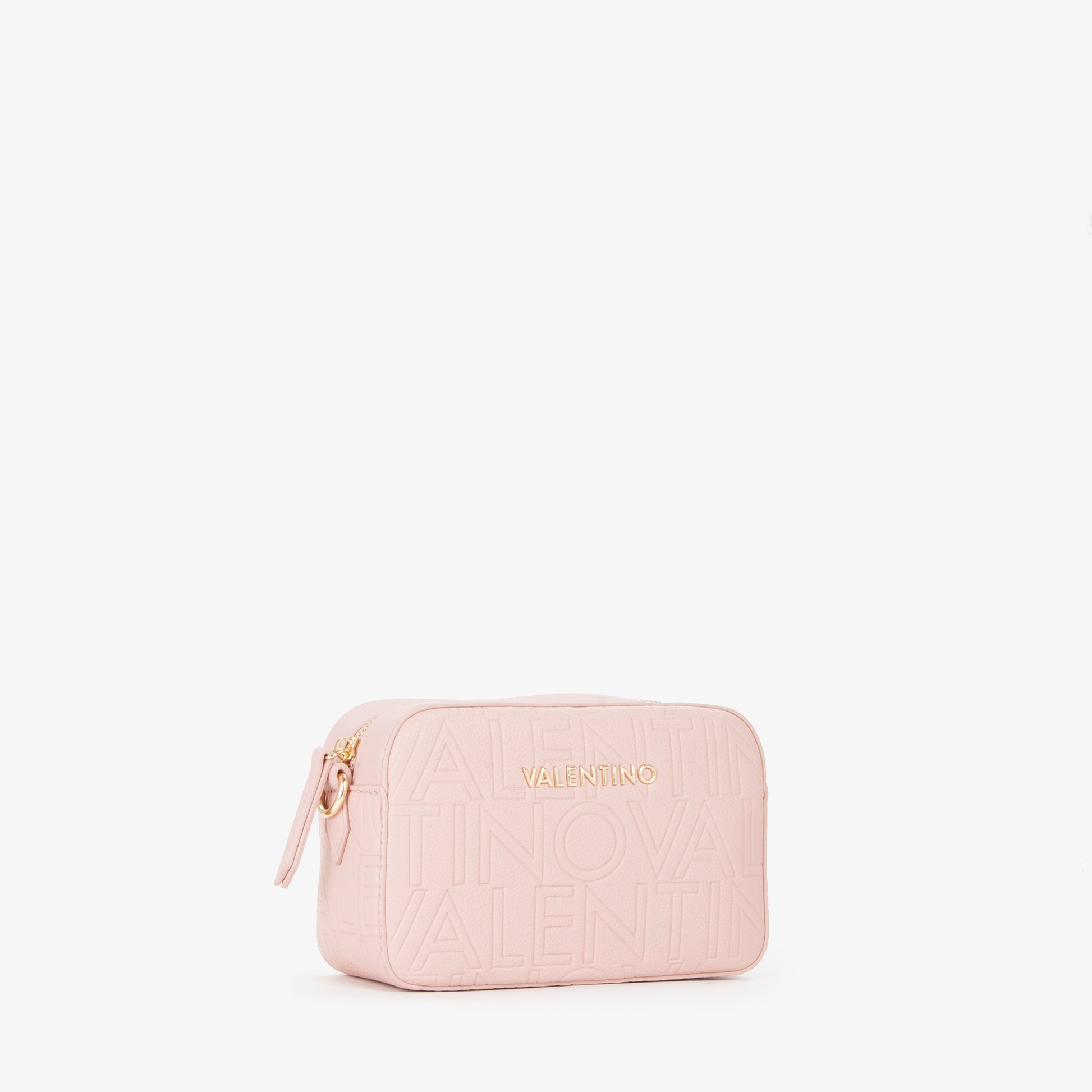 Sac bandoulière femme rose poudré embossé logo caméra