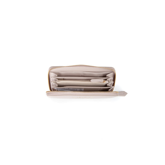 Portefeuille femme zippé beige finition lisse dorée