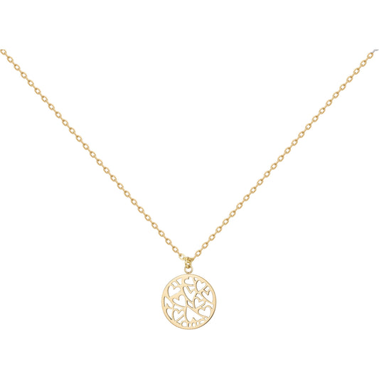 Collier femme acier doré pendentif rond arbre de vie cœurs