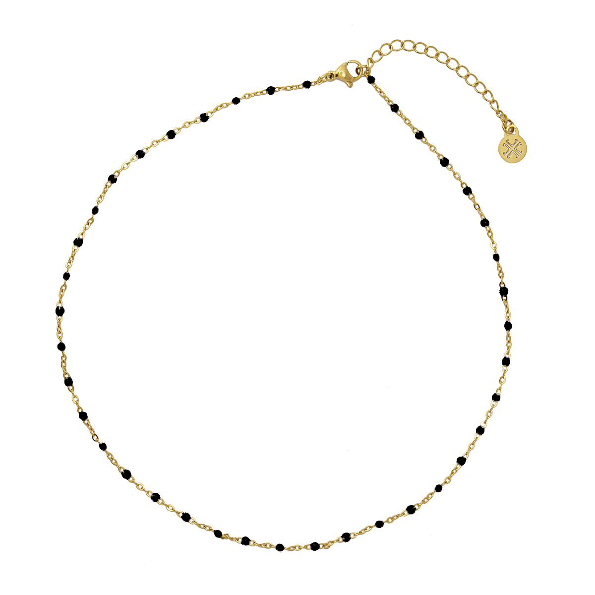 Collier femme acier doré chaîne fine perles noires 40cm
