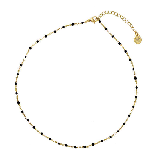 Collier femme acier doré chaîne fine perles noires 40cm